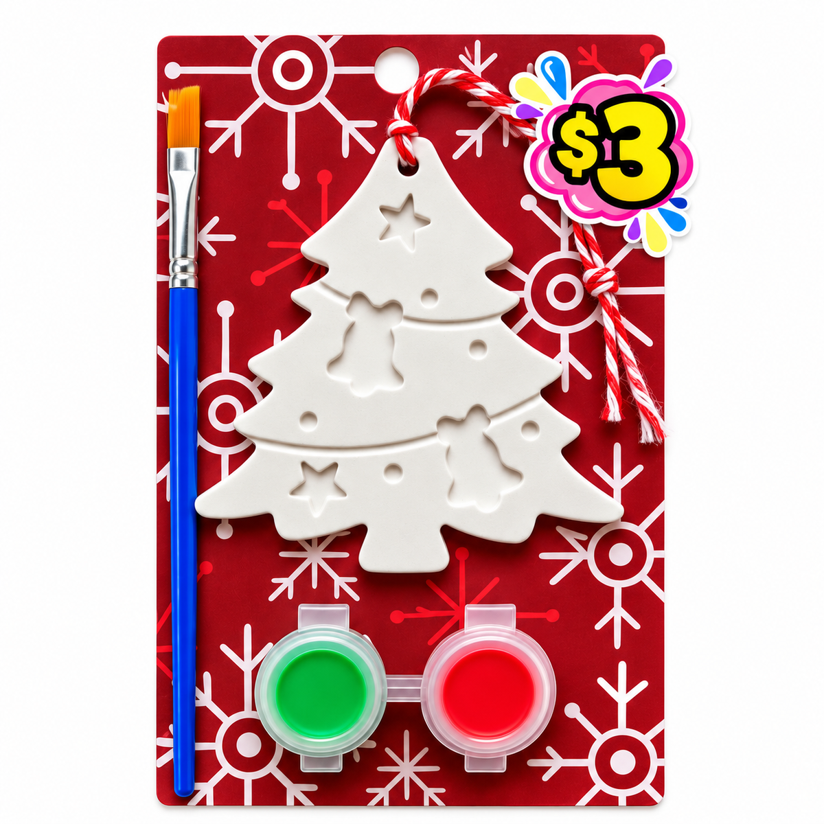 Plaster Christmas tree ornament paint kit with green and red paints and a paintbrush on a red snowflake card.
