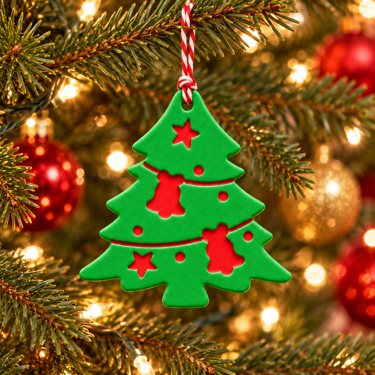 A green Christmas tree-shaped hanging ornament with red star and bell cutouts, suspended by a red-and-white striped string on a decorated Christmas tree with warm lights and ornaments.