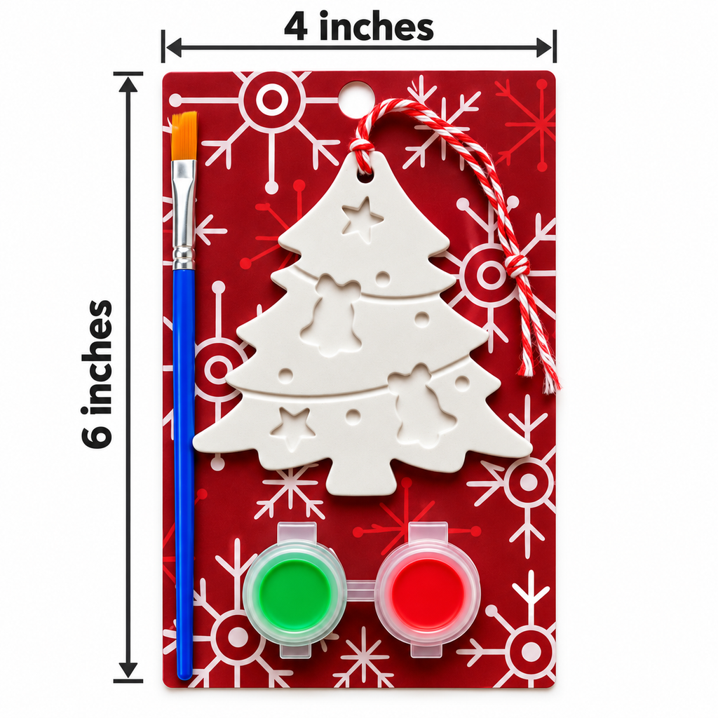 Christmas tree ornament paint kit with two paints and a brush, on a card measuring 4 inches wide by 6 inches tall.