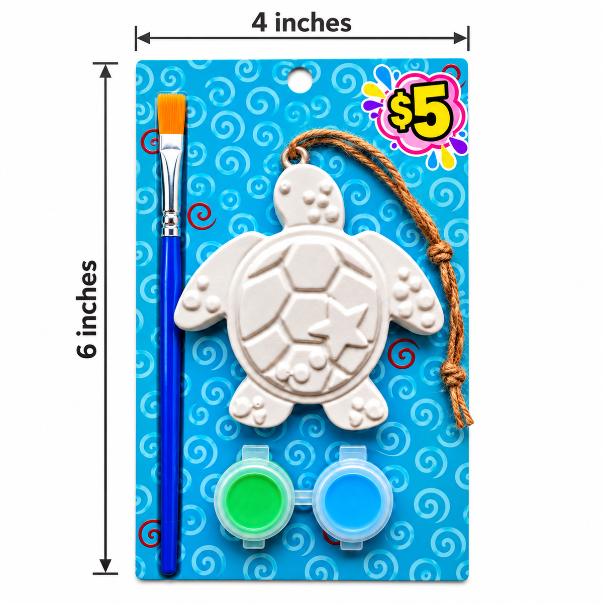 Plaster sea turtle ornament with hanging twine, green and blue paints and a paintbrush on a blue swirl background. Shows a measurement of 4x6 inches.