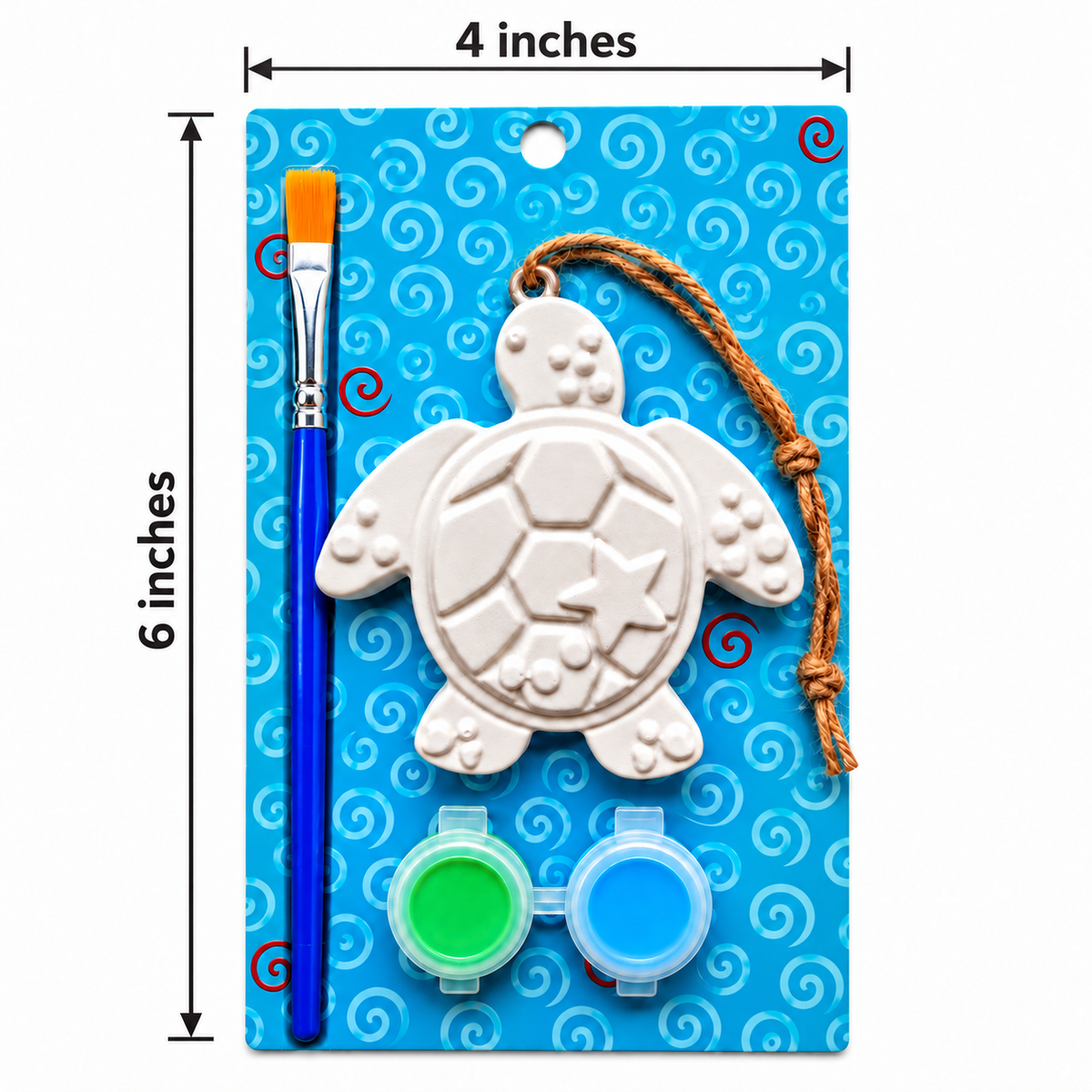 A turtle-shaped plaster craft ornament kit on a blue patterned backing card, shown with a paintbrush, two small paint pots, and measurement labels indicating 4 inches wide by 6 inches tall. The turtle is unpainted off-white, with a brown hanging string.