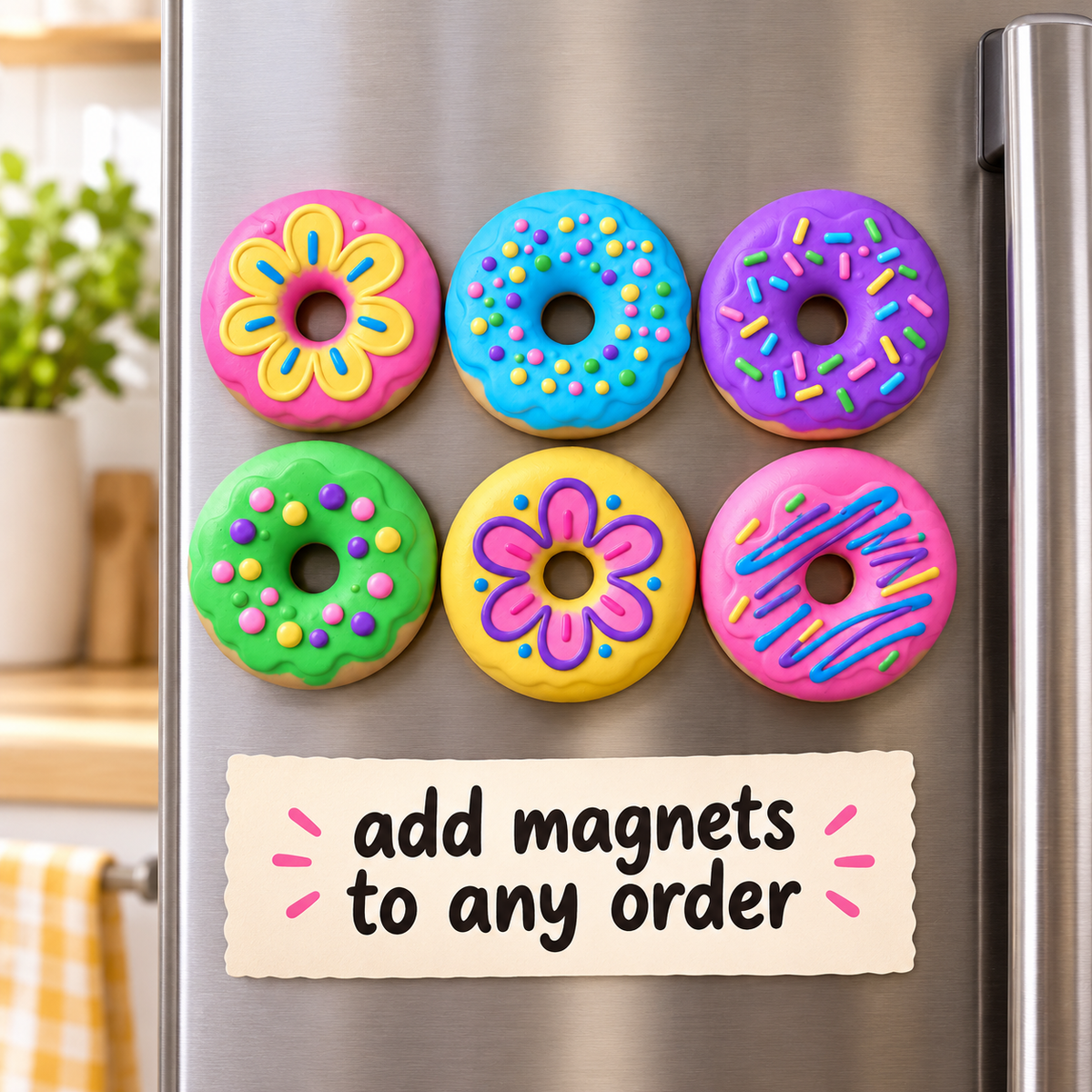 Six colorful donut-shaped refrigerator magnets are arranged on a stainless steel fridge door, with a paper note below that reads 'add magnets to any order'. The background shows a softly blurred kitchen setting with a plant and countertop.
