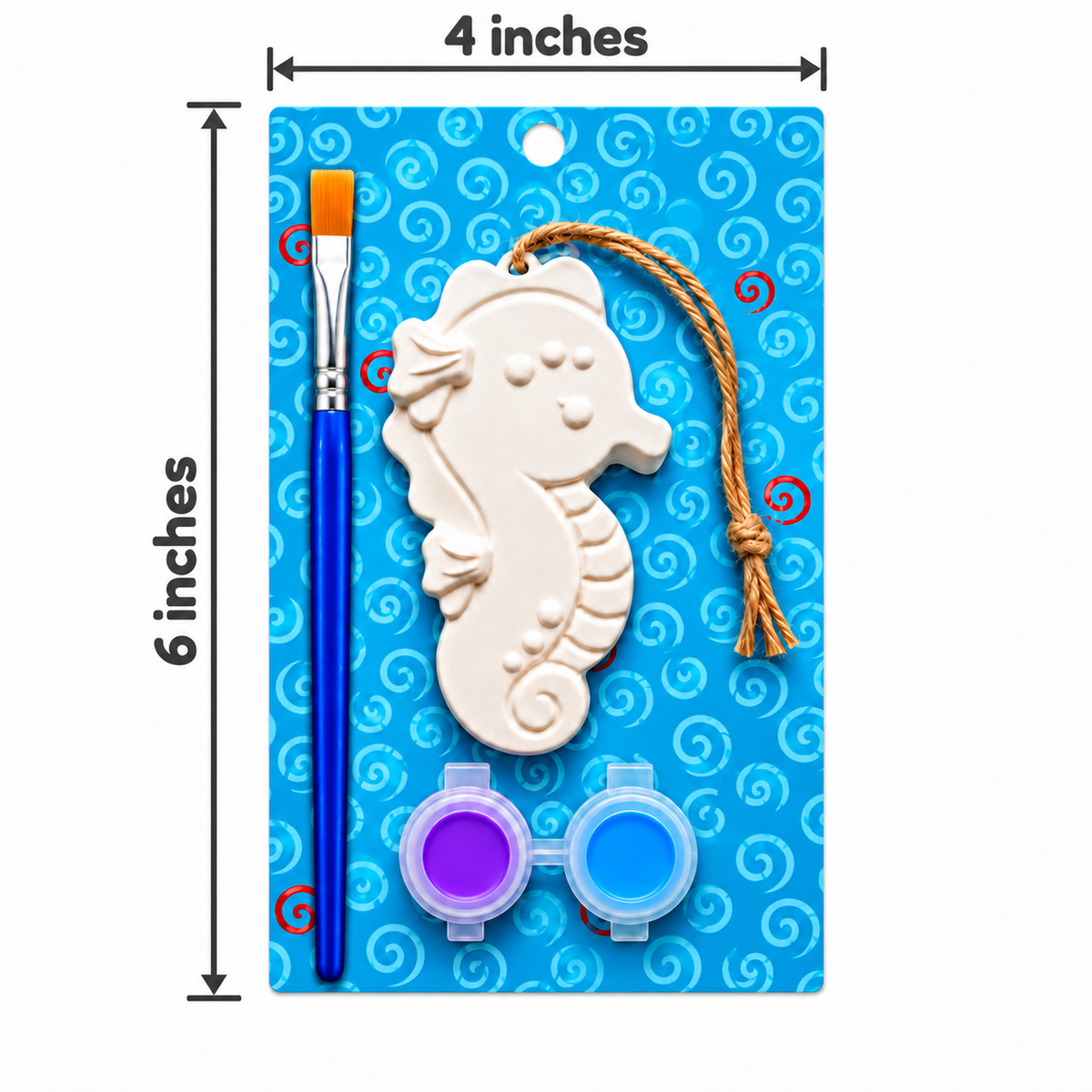 A seahorse-shaped plaster craft kit on a blue patterned backing card, shown with dimension labels indicating 4 inches wide by 6 inches tall. The kit includes a blue paintbrush with an orange tip, a cream-colored seahorse ornament, a tan hanging cord, and two small paint pots in purple and blue.